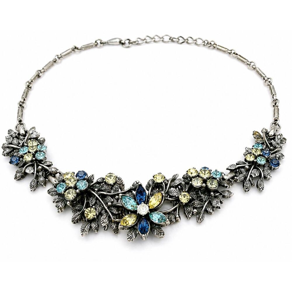 Vtg Coro Floral Rhinestone Necklace Blue Yellow Silver Tone MCM 1950s 60s